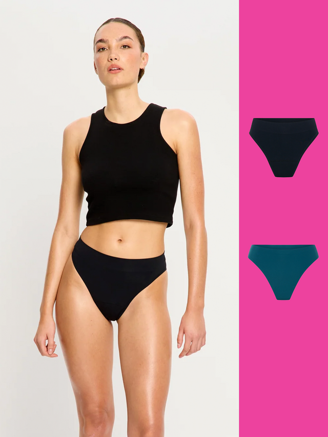 Nahtlose High Waist Cheeky-Unterhosen in Schwarz und Tanga in Teale Blue, 2er-Pack
