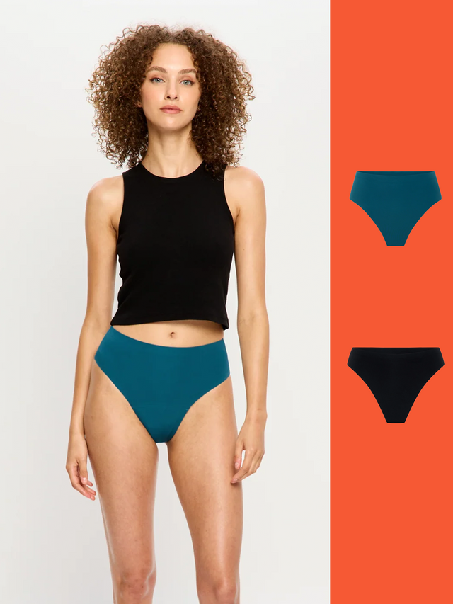 Nahtlose High Waist Cheeky Slips in Teale Blue & Tanga in Black, 2er-Pack