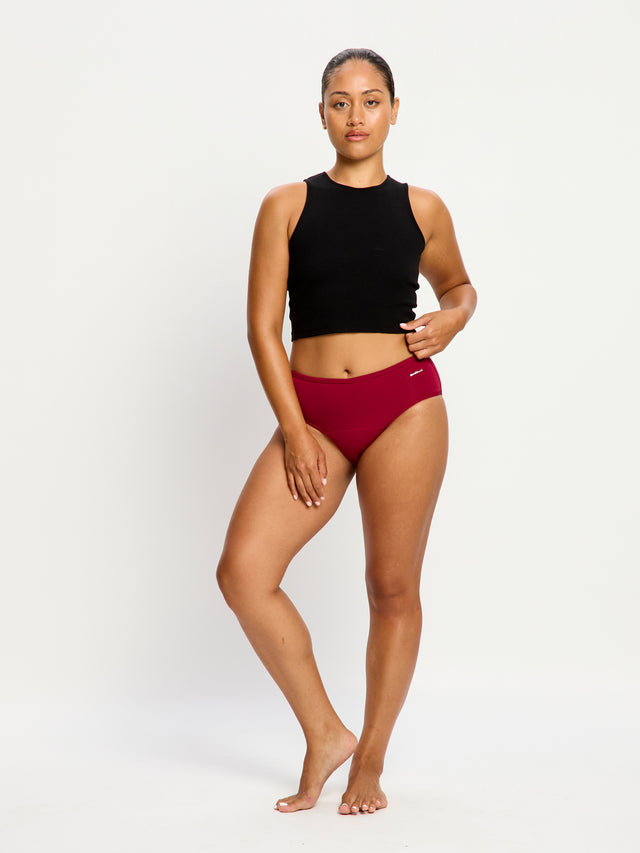 Pack de 3 culottes taille mi-haute basiques flux moyen Argile italienne/Bleu morose/Rouge betterave