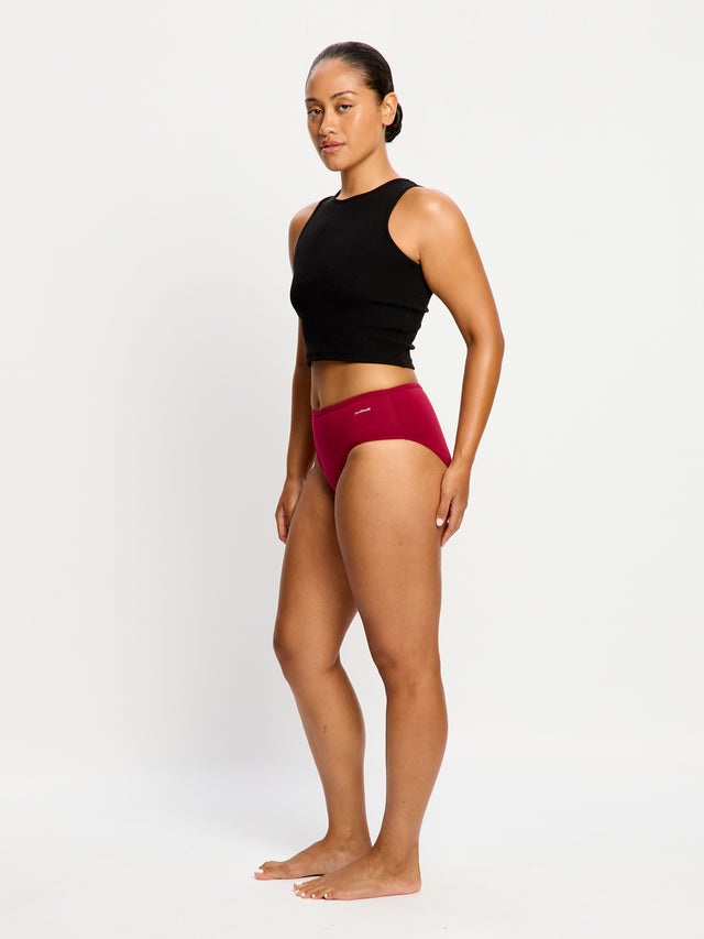 Pack de 3 culottes taille mi-haute basiques flux moyen Argile italienne/Bleu morose/Rouge betterave
