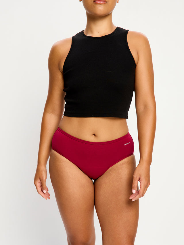 Pack de 3 culottes taille mi-haute basiques flux moyen Argile italienne/Bleu morose/Rouge betterave