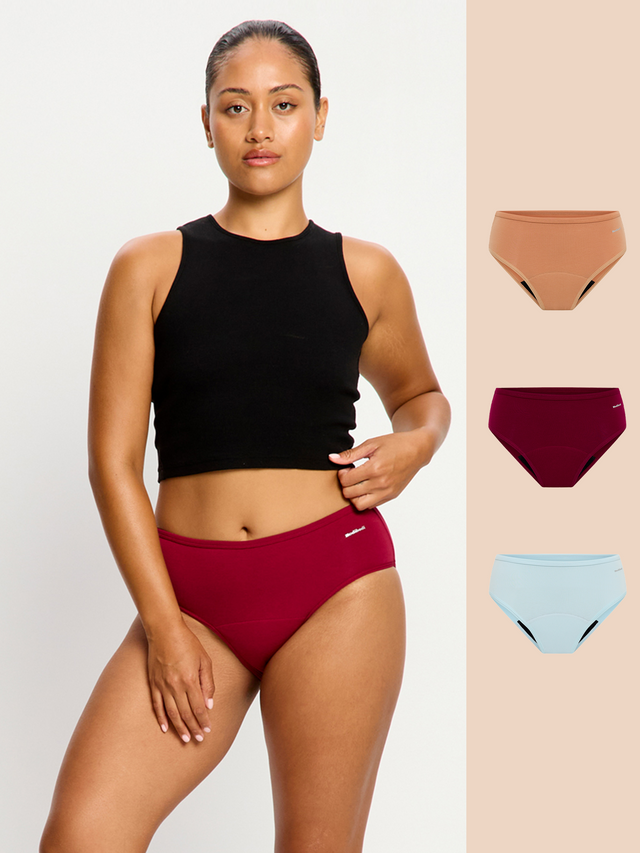 Pack de 3 culottes taille mi-haute basiques flux moyen Argile italienne/Bleu morose/Rouge betterave