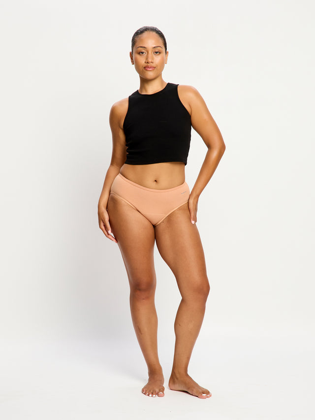 Pack de 3 culottes taille mi-haute basiques flux moyen Argile italienne/Bleu morose/Rouge betterave