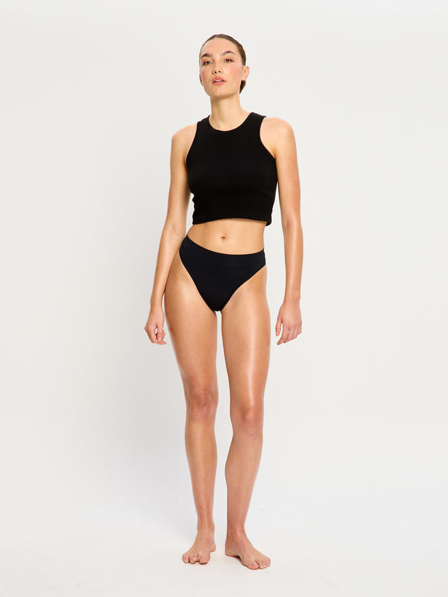 Nahtlose High Waist Cheeky-Unterhosen in Schwarz und Tanga in Teale Blue, 2er-Pack