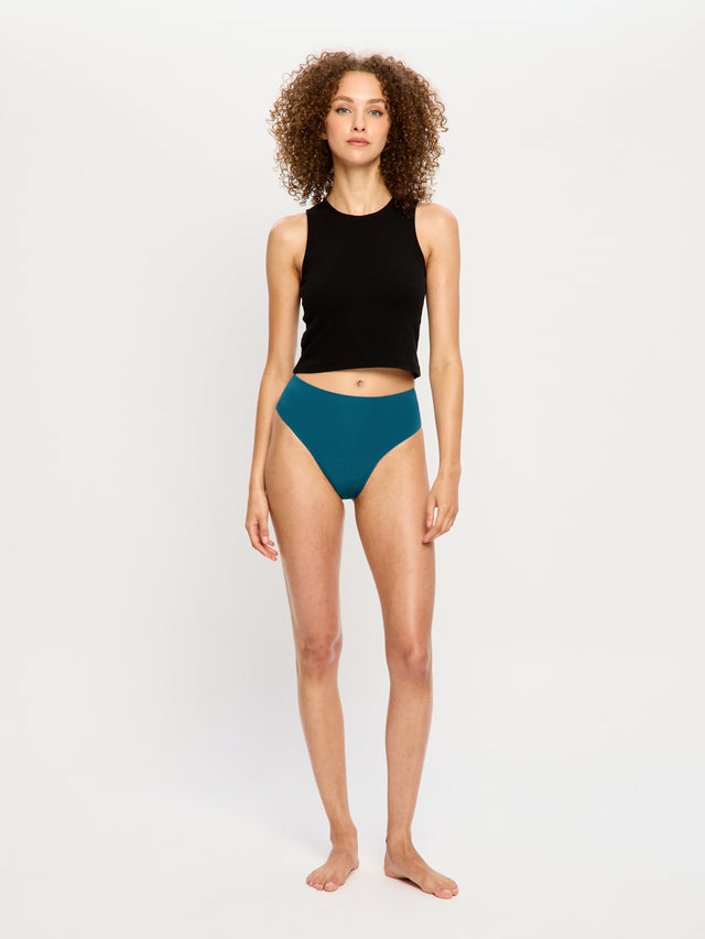 Nahtlose High Waist Cheeky Slips in Teale Blue & Tanga in Black, 2er-Pack