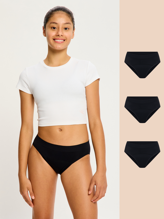 Pack de 3 bikinis taille basse sans coutures extensibles soyeux ado flux moyen Noir