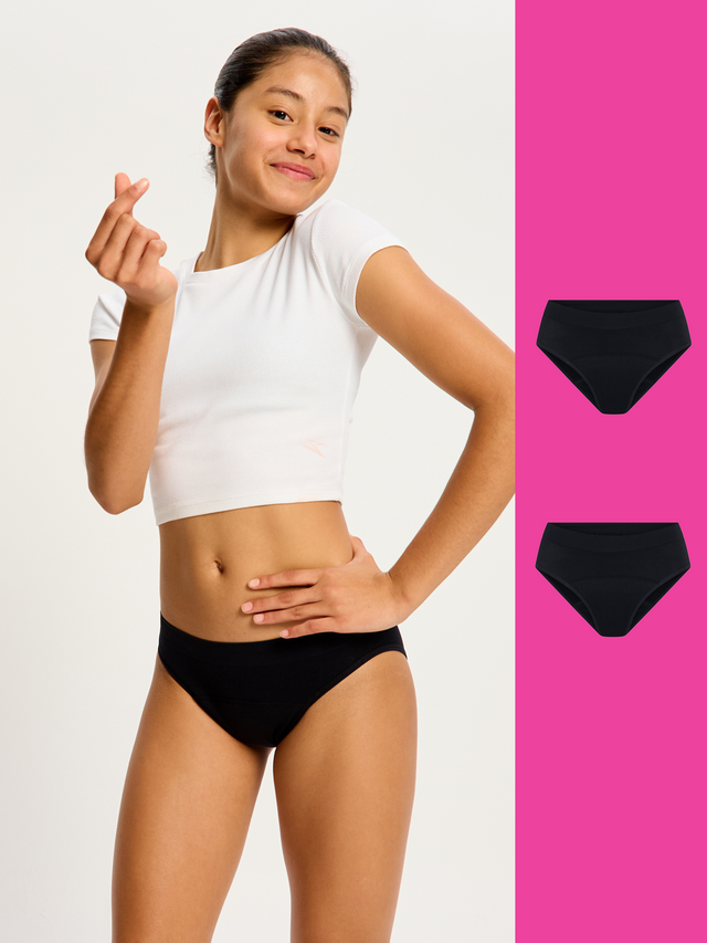 Pack de 2 bikinis taille basse sans coutures extensibles soyeux ado flux moyen Noir