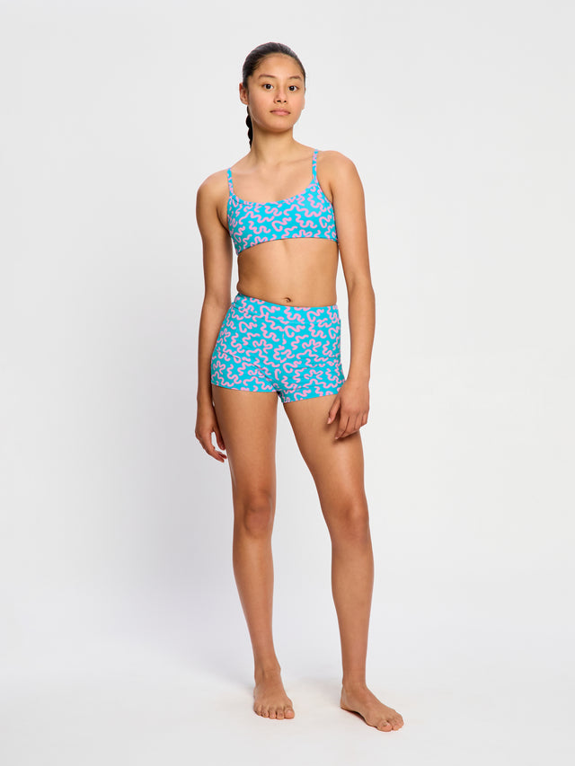 Maillot de bain taille haute pour ado, short super ondulé bleu