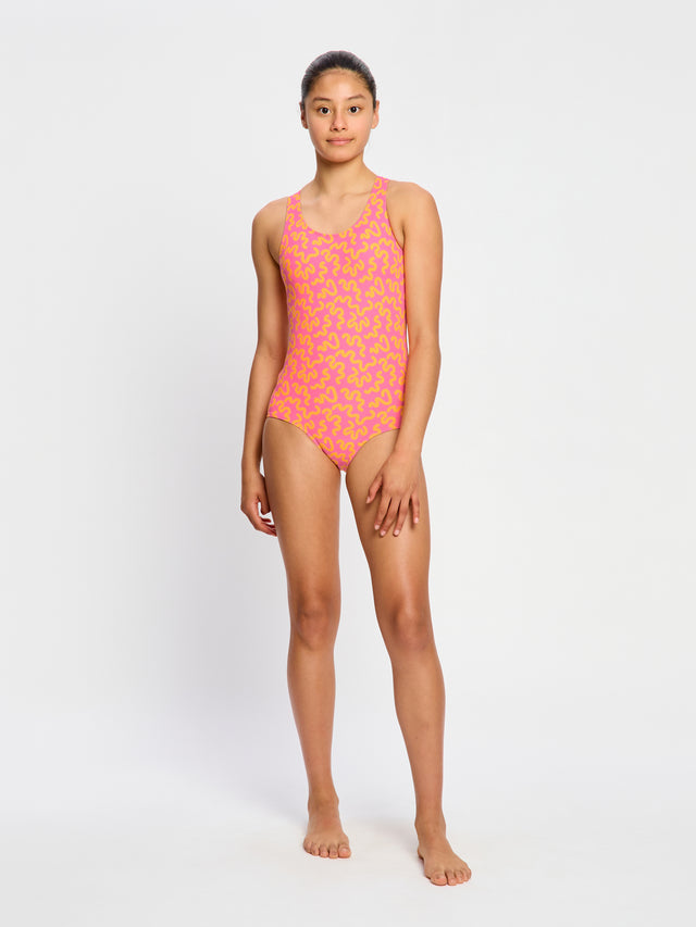 Maillot de bain une pièce dos nageur pour adolescent rose clair ondulé