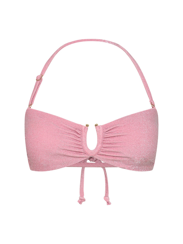 Haut de maillot de bain bandeau scintillant noué au dos Rose pivoine