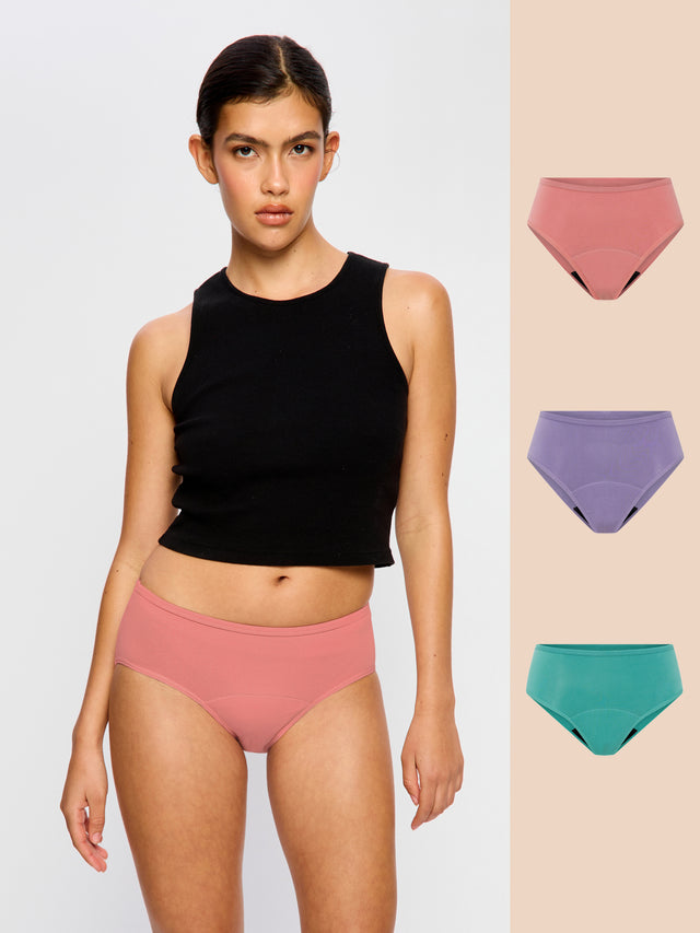 Pack de 3 culottes taille mi-haute basiques flux moyen Lit de roses/Vert sarcelle/Violet tonic