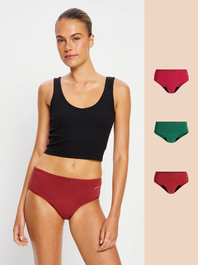 Lot de 3 slips taille mi-haute basiques rouge ocre/rose cérise/vert sapin