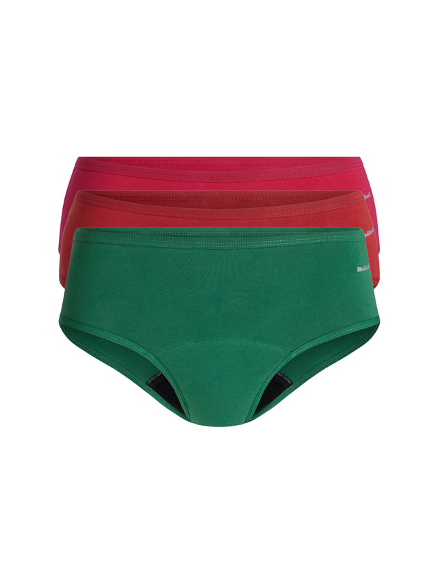 Lot de 3 slips taille mi-haute basiques rouge ocre/rose cérise/vert sapin