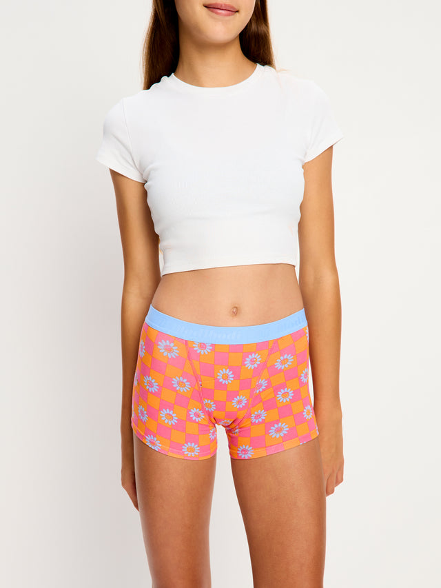 SmileyWorld® | Boxer taille basse ado Modibodi flux moyen à damiers et fleurs
