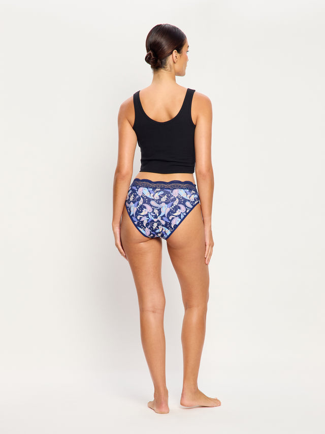 Sensual Hi Waist Bikini Moderate Opulent Paisley Navy