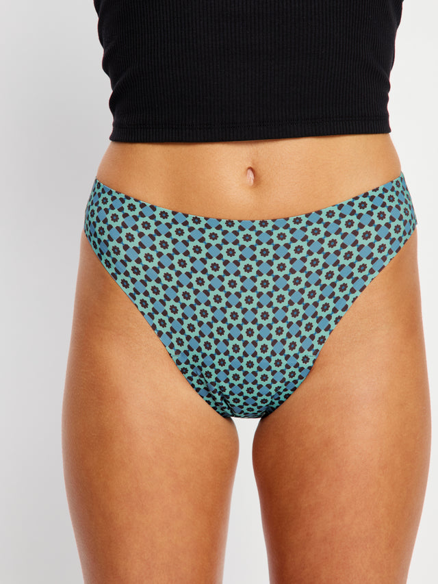 Culotte haute sans coutures échancrée motif carreaux géométriques vert
