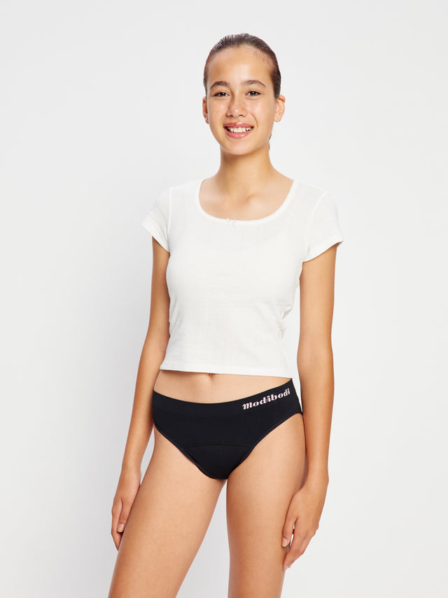 ModiComfort Nahtloser Teenie-Hipster-Bikini, moderat, Schwarz, 2er-Pack