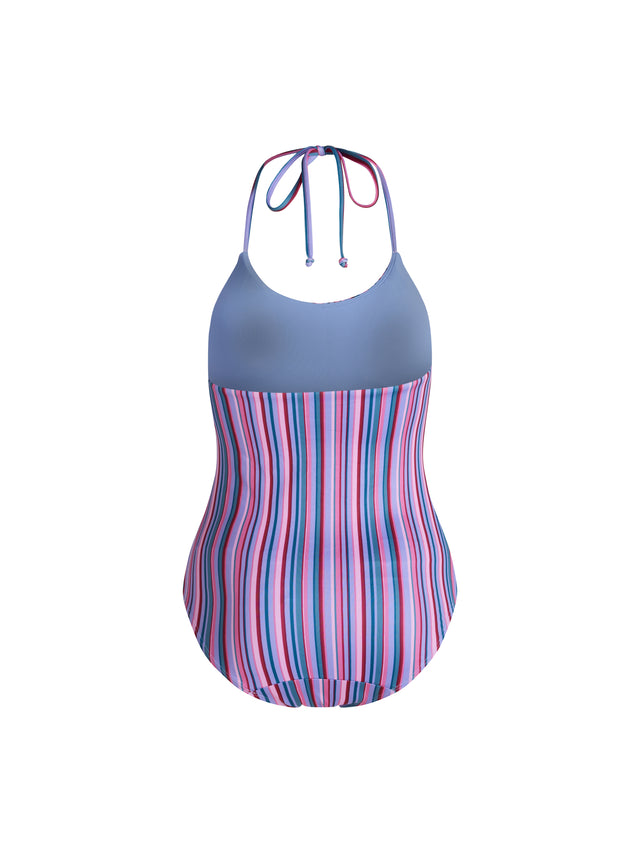 Teenager Badeanzug Neckholder Einteiler Super Violett Rosa Streifen