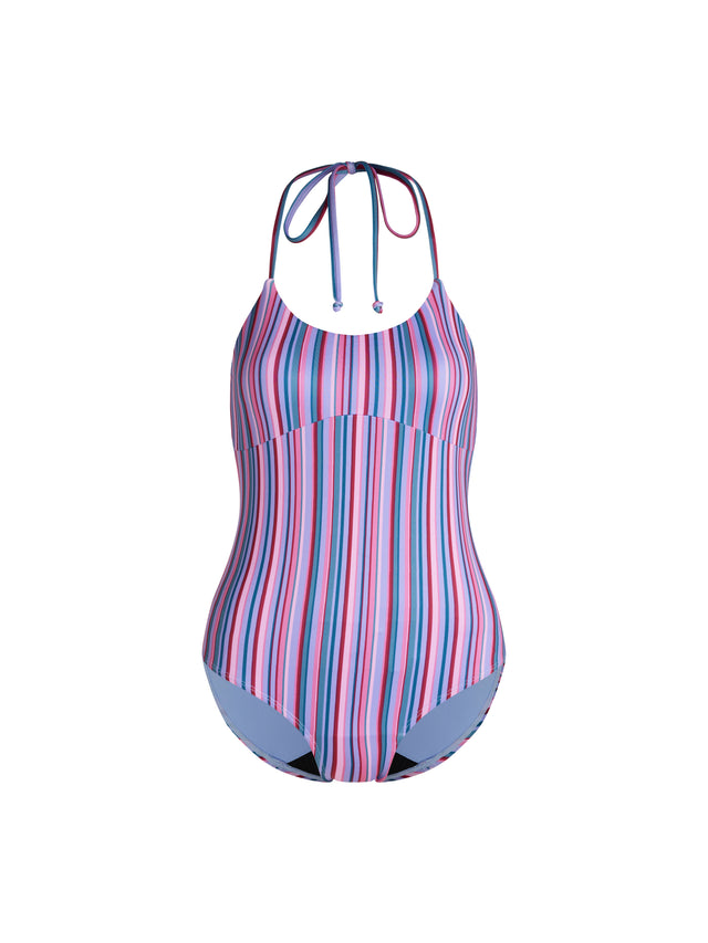 Teenager Badeanzug Neckholder Einteiler Super Violett Rosa Streifen