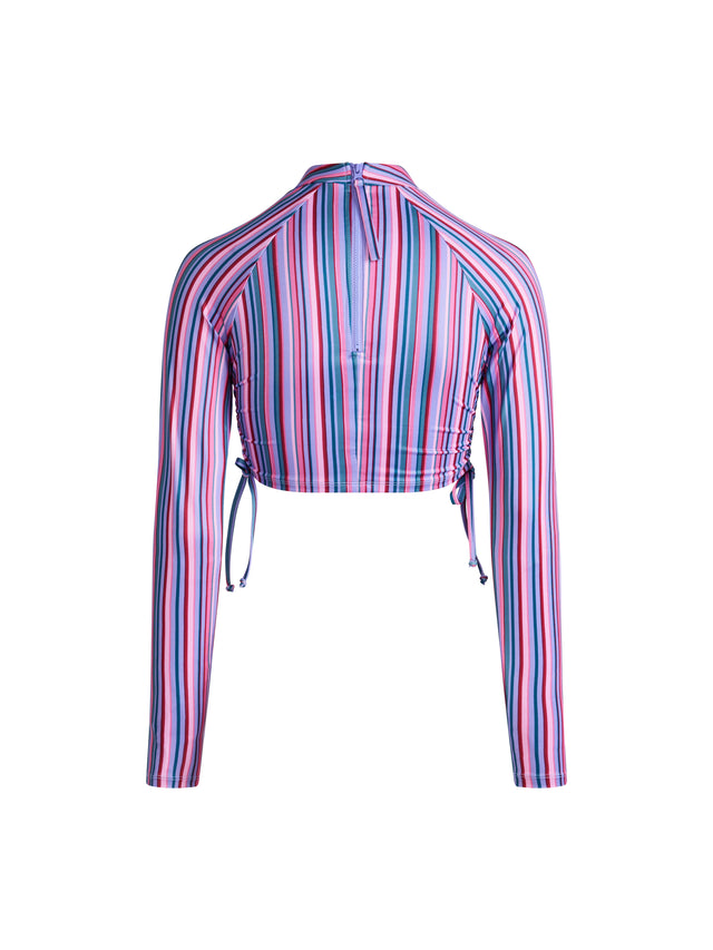 Haut court de natation anti-UV pour ado - Rayures violettes et roses