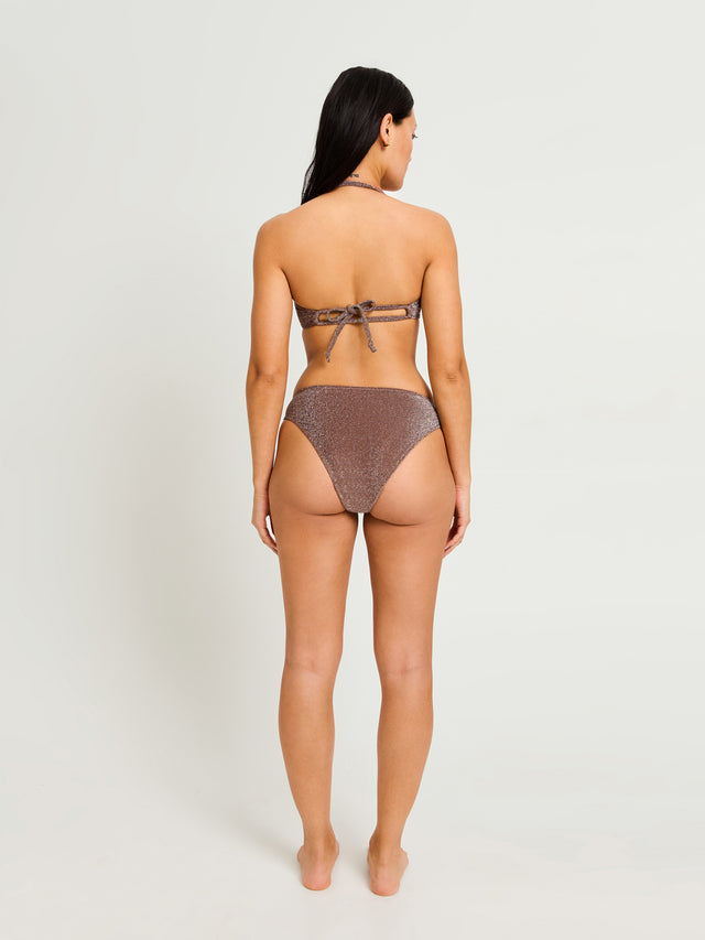 Swimwear Shimmer Tie Back Bandeau Top & Hi-Leg Cheeky Bottom Set Espresso