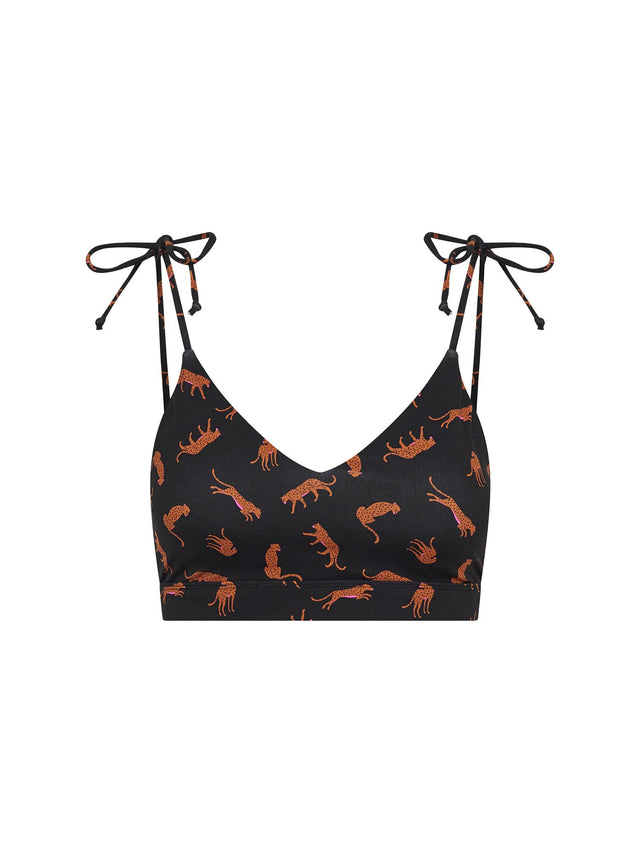 Teen Swimwear Tie Shoulder Crop Top Cheetah Chase Black