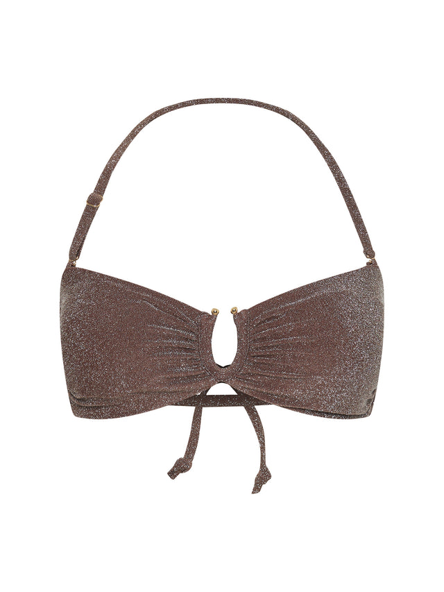 Swimwear Shimmer Tie Back Bandeau Top & Hi-Leg Cheeky Bottom Set Espresso