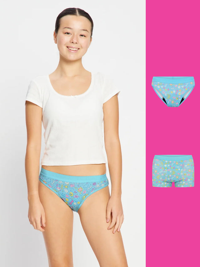 SmileyWorld® | Modibodi Teen Hipster Bikini et Shorty Hipster Boyshort Lot de 2 Bleu Wonderlust
